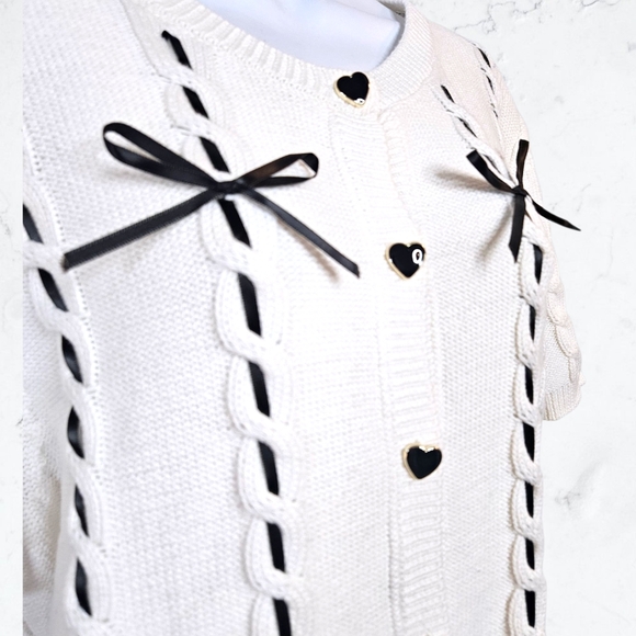 Avec Les Filles White & Black Bow Trim Heart Button Up Cardigan Sweater - Picture 4 of 11